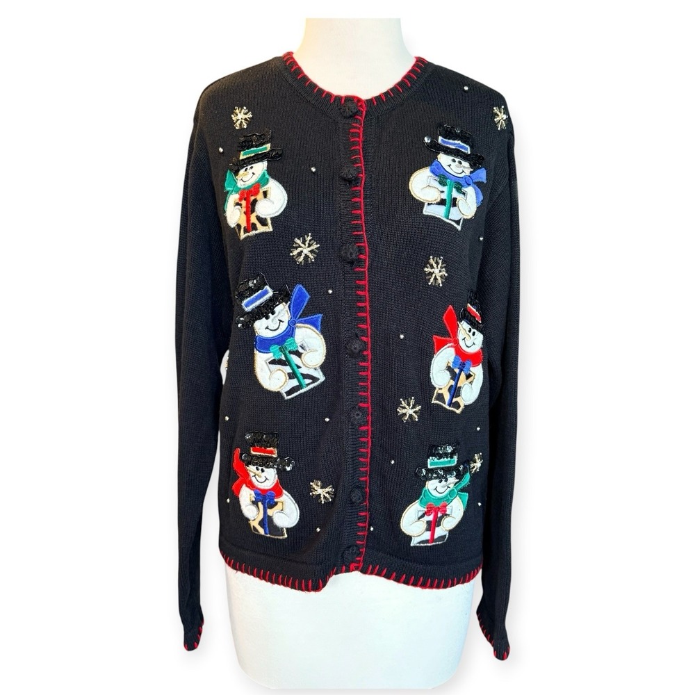 Vintage Holiday Knit Christmas Cardigan Sweater Women's PM Snowman Stitch Frosty